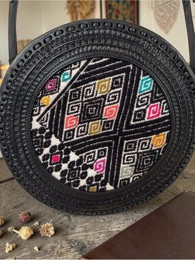 Leather Black Round Embroidered Crossbody Bag with Multicolor Accents
